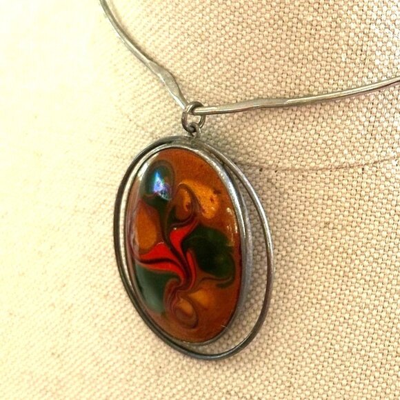 Reverse Painted Pendant, Sterling Silver, Vintage Israel 925 - Picture 3 of 9